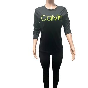 Calvin Klein Performance Long Sleeve Black Green Logo Lounge Sweat Shirt Size M